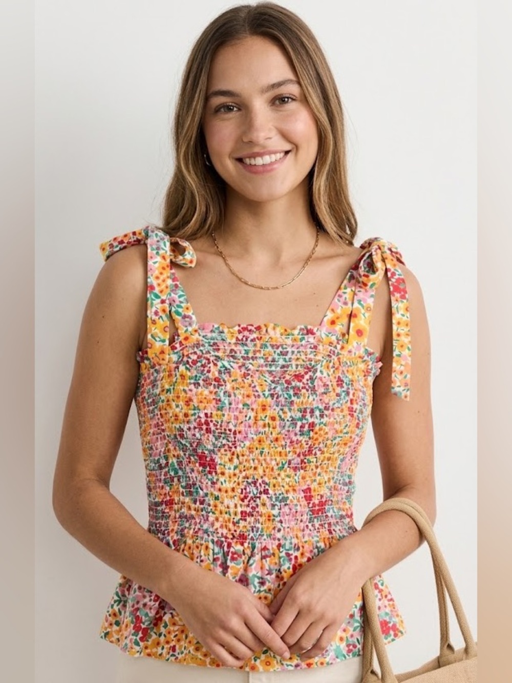 J. Crew Floral Smocked Tie-Strap Tank Top in Yellow, Pink, Green